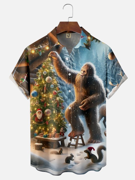 Moisture-wicking Christmas Bigfoot Funny Christmas Tree Chest Pocket Casual Shirt