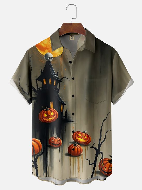 Moisture-wicking Halloween Castle Pumpkin Chest Pocket Casual Shirt