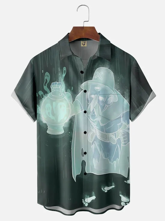 Moisture-Wicking Halloween Ghost Chest Pocket Hawaiian Shirt