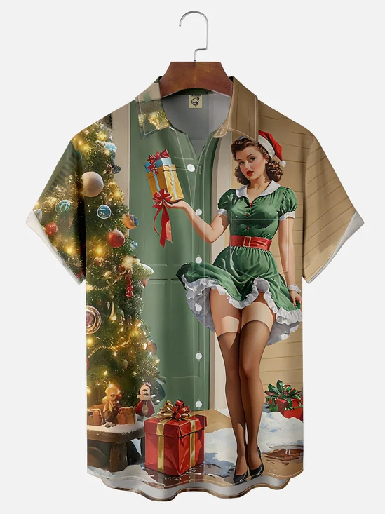 Moisture-wicking Christmas Retro Girl Funny Christmas Tree Chest Pocket Casual Shirt