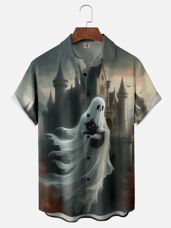 Moisture-wicking Halloween Ghost Cat Castle Chest Pocket Casual Shirt
