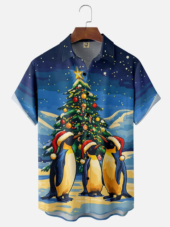 Moisture-wicking Christmas Santa Penguin Chest Pocket Casual Shirt
