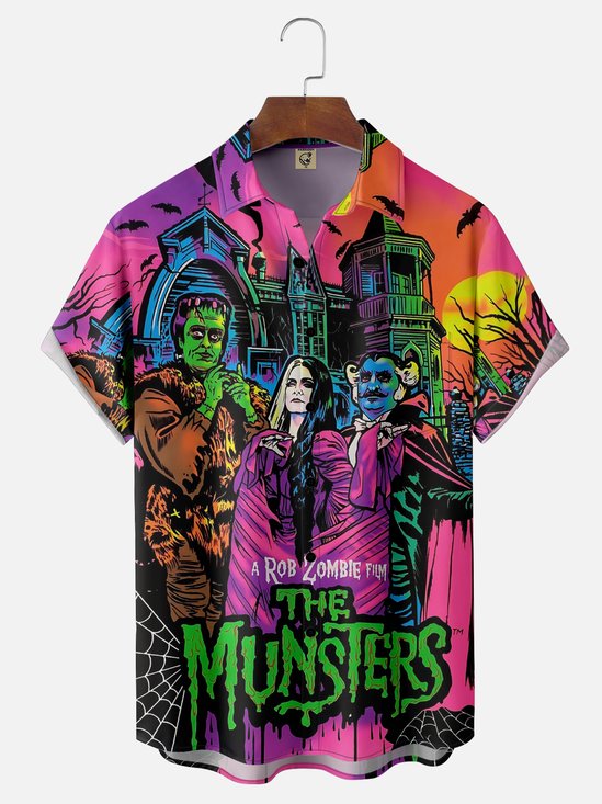 Moisture Wicking Halloween The Monsters Chest Pocket Hawaiian Shirt