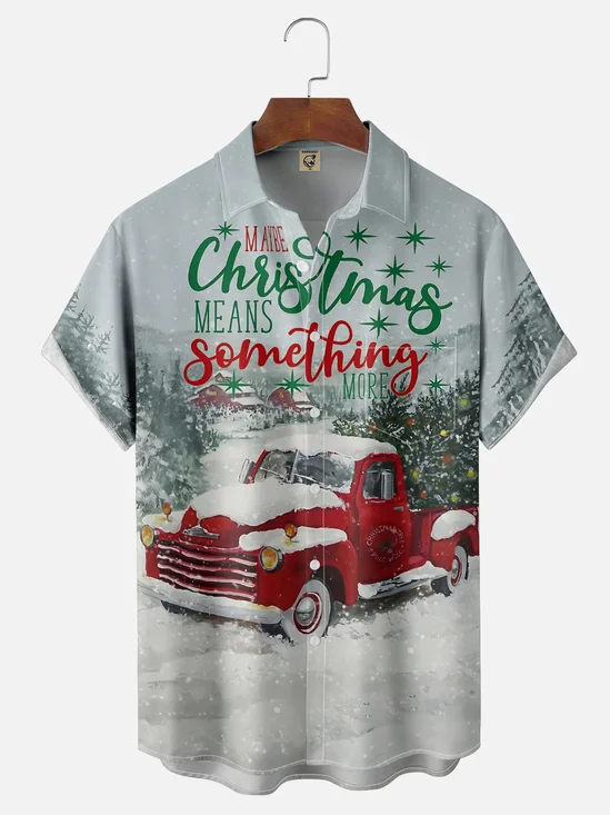 Moisture Wicking Merry Christmas Pickup Trucker Chest Pocket Hawaiian Shirt