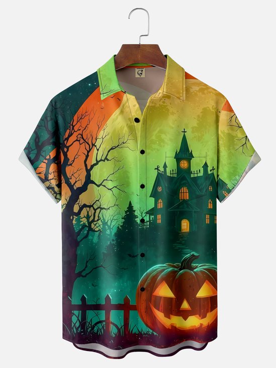 Moisture-wicking Halloween Pumpkin Castle Chest Pocket Casual Shirt