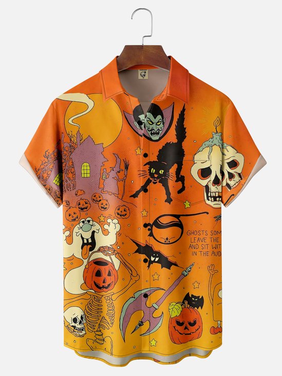 Moisture Wicking Halloween Pumpkin Ghost Chest Pocket Hawaiian Shirt