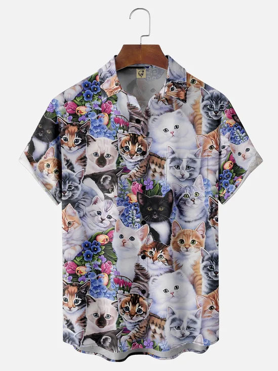 Moisture Wicking Floral Cat Chest Pocket Hawaiian Shirt