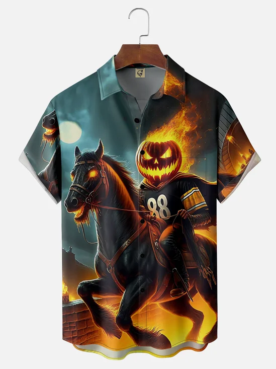 Moisture-wicking American Football Pumpkin Headless Horseman Halloween Chest Pocket Casual Shirt