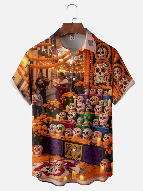 Moisture-wicking Day of the Dead Skeleton Fun Scene Chest Pocket Casual Shirt