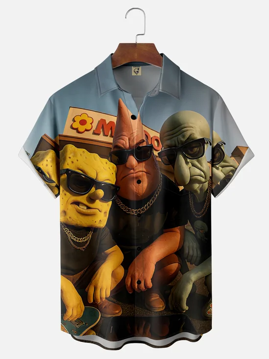 Moisture-wicking Fun Cartoon Art Chest Pocket Casual Shirt