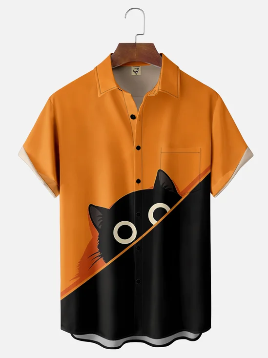 Moisture-wicking Halloween Cat Chest Pocket Casual Shirt