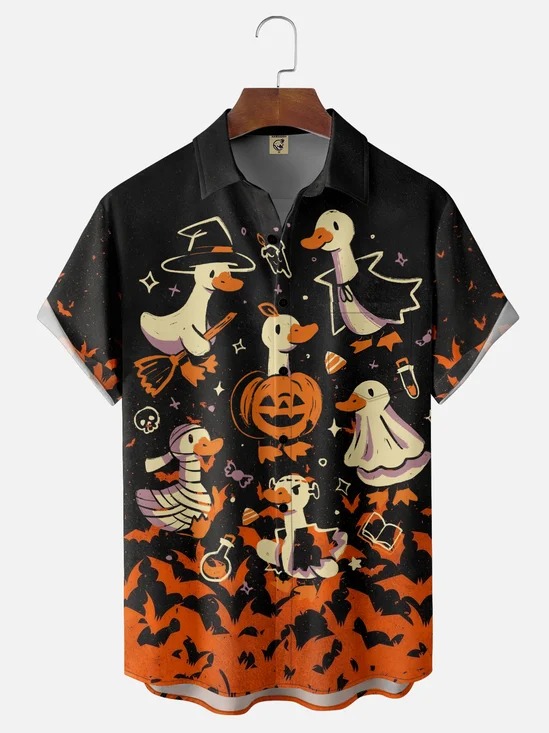 Hardaddy X Eduely Moisture-wicking Halloween Pumpkin Duck Chest Pocket Hawalian Shirt