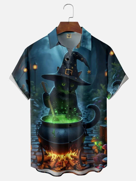 Moisture-wicking Halloween Cat Witch Magic Chest Pocket Casual Shirt
