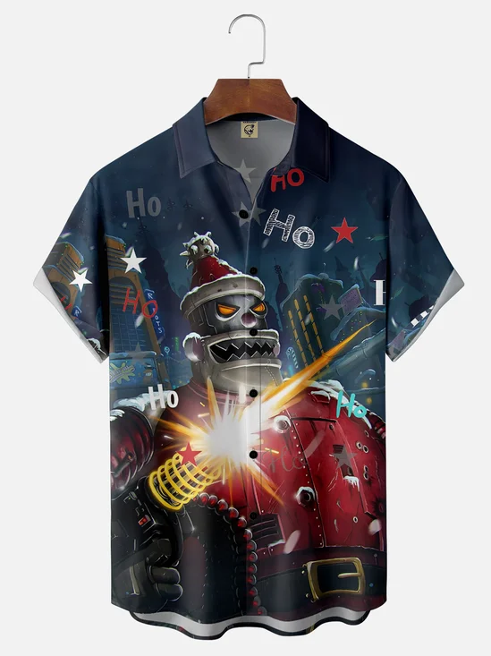 Moisture Wicking Christmas Santa Robot Chest Pocket Hawaiian Shirt