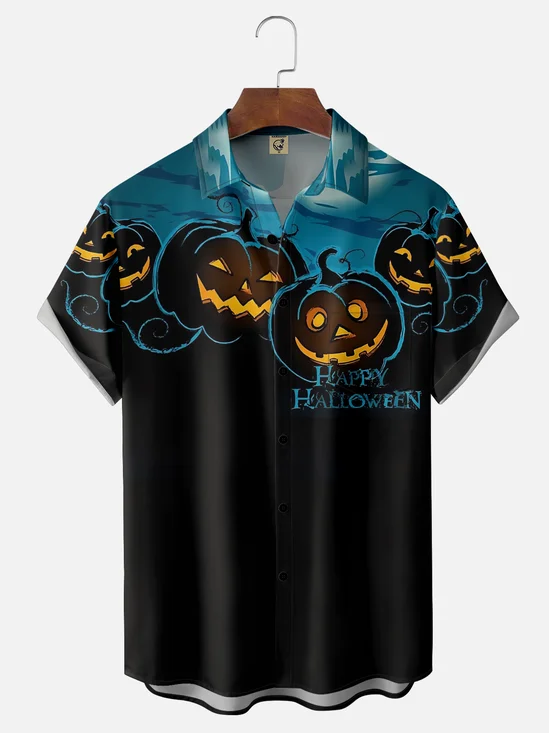 Moisture Wicking Halloween Pumpkin Chest Pocket Hawaiian Shirt