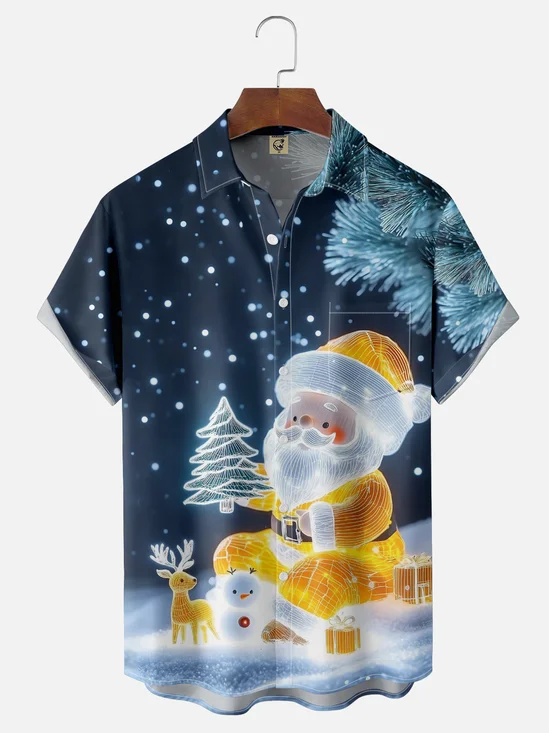 Moisture-wicking Christmas Santa Claus Fun Snow Scene Chest Pocket Casual Shirt