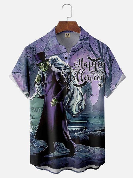 Moisture Wicking Halloween Monster Chest Pocket Hawaiian Shirt