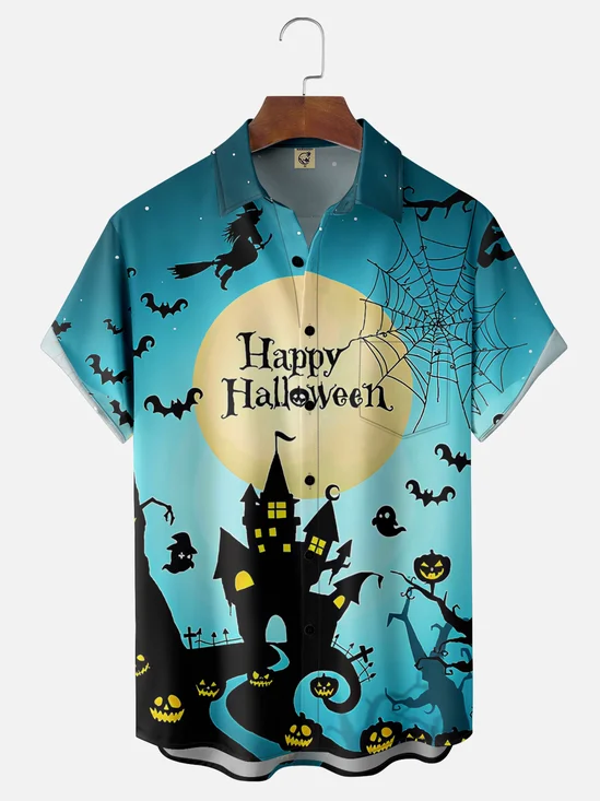Moisture Wicking Halloween Witch Castle Chest Pocket Hawaiian Shirt