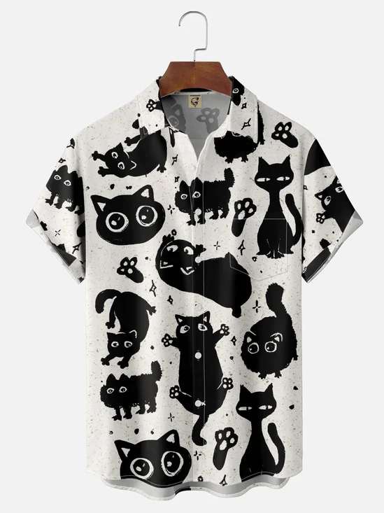 Hardaddy X Eduely Moisture-wicking Cat Cartoon Chest Pocket Hawalian Shirt