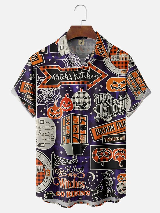 Moisture Wicking Halloween Witch Castle Chest Pocket Hawaiian Shirt