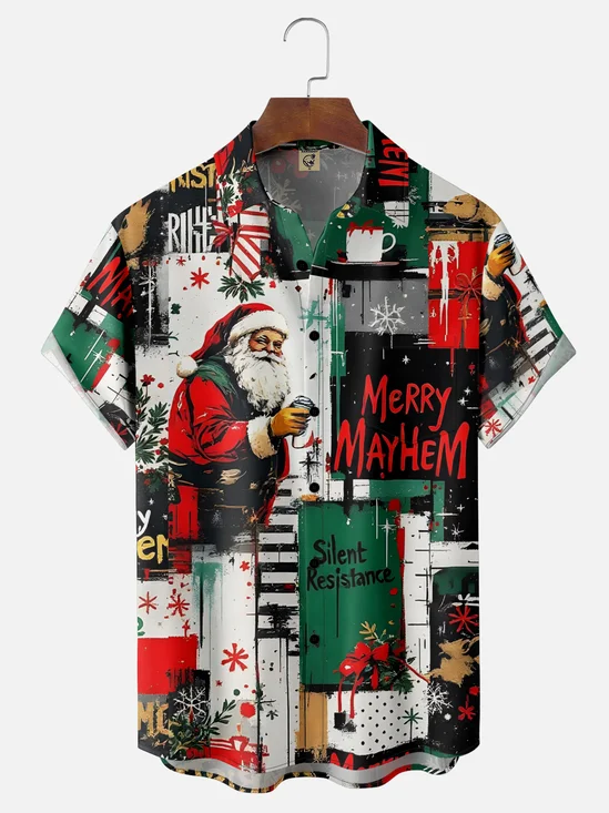 Moisture-Wicking Christmas Santa Claus Abstract Geometric Chest Pocket Hawaiian Shirt