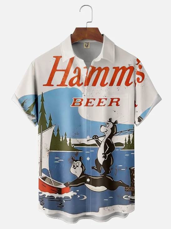 Moisture-wicking Cartoon Beer Chest Pocket Casual Shirt