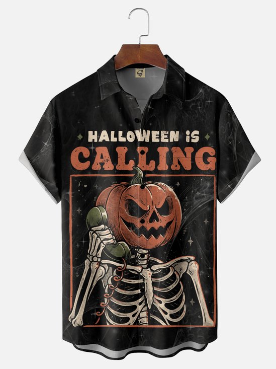 Hardaddy X Eduely Moisture-wicking Halloween Pumpkin Skull Chest Pocket Hawalian Shirt