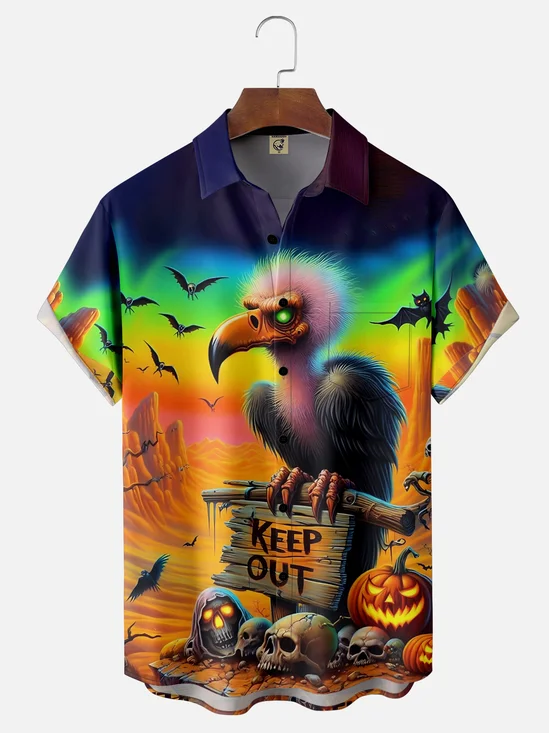 Moisture Wicking Halloween Pumpkin Skull Vulture Chest Pocket Hawaiian Shirt