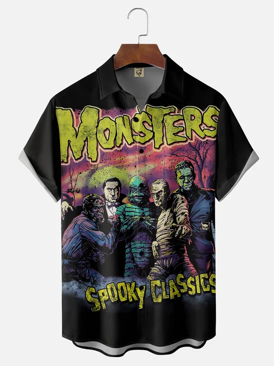 Moisture Wicking Halloween The Monster Chest Pocket Hawaiian Shirt