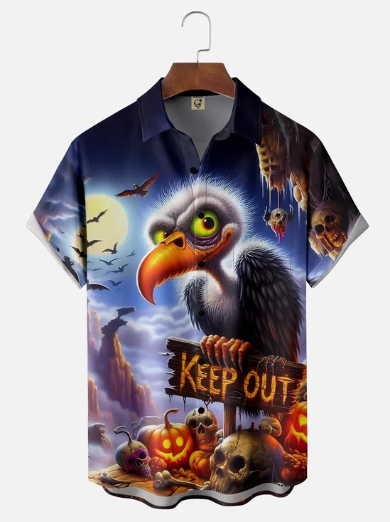 Moisture Wicking Halloween Skull Pumpkin Vulture Chest Pocket Hawaiian Shirt