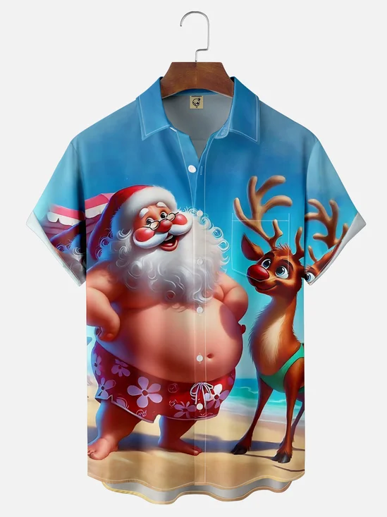 Moisture Wicking Christmas Elk Santa Beach Vacation Chest Pocket Hawaiian Shirt