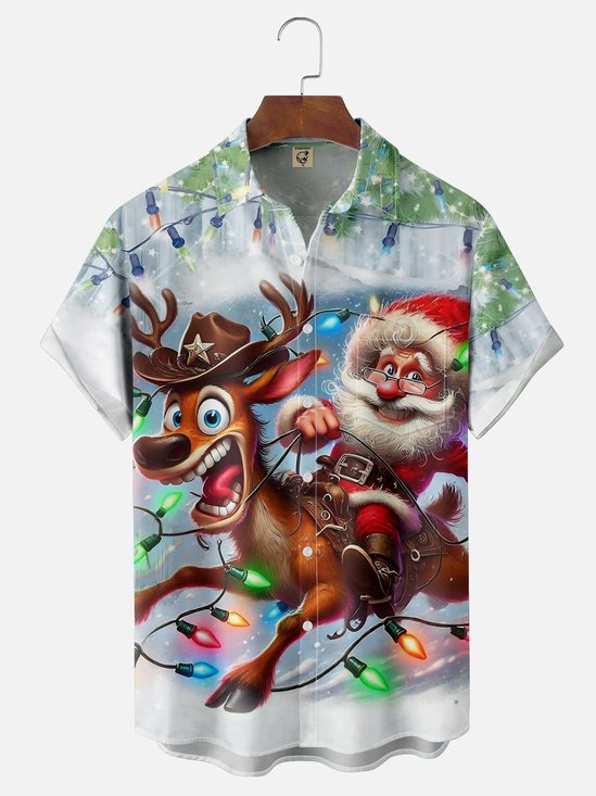 Moisture Wicking Christmas Santa Claus Riding an Elk Chest Pocket Hawaiian Shirt