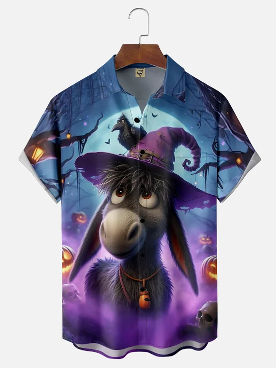 Moisture Wicking Halloween Wizard Donkey Chest Pocket Hawaiian Shirt