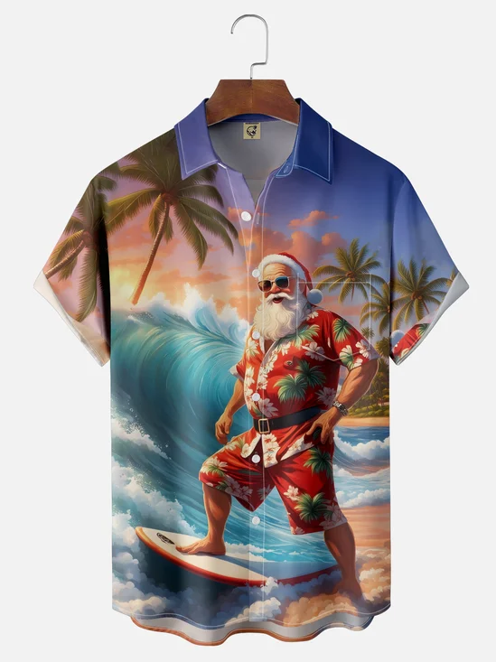 Moisture-Wicking Christmas Santa Surf Chest Pocket Hawaiian Shirt
