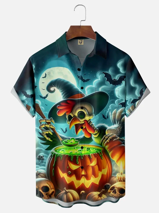 Moisture Wicking Halloween Pumpkin Wizard Skull Chicken Chest Pocket Hawaiian Shirt