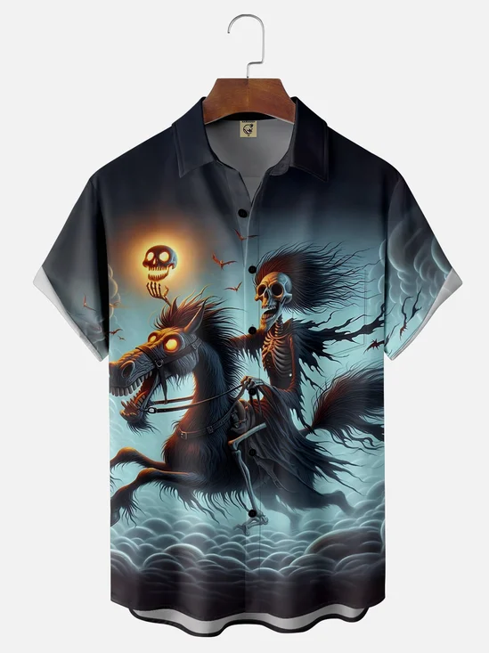 Moisture Wicking Halloween Skeleton Horse Chest Pocket Hawaiian Shirt