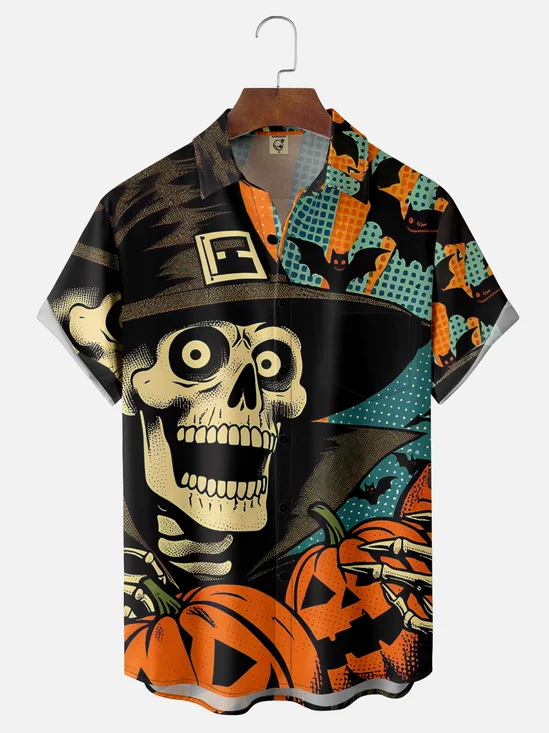 Moisture-wicking Halloween Fun Skull Pumpkin Chest Pocket Casual Shirt