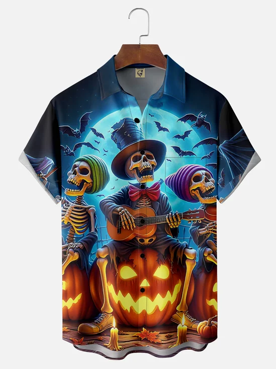 Moisture-wicking Halloween Fun Skull Pumpkin Chest Pocket Casual Shirt