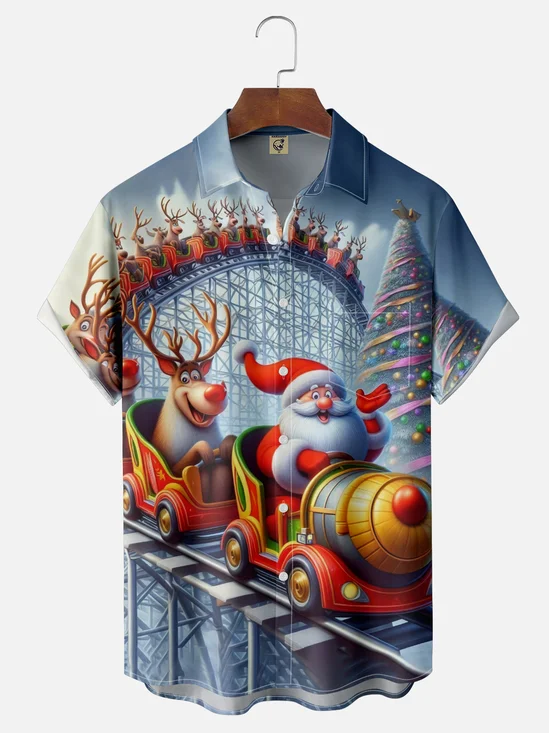 Moisture-wicking Christmas Santa Claus Christmas Tree Roller Coaster Chest Pocket Casual Shirt