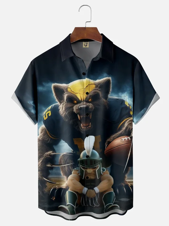 Moisture-wicking American Football Michigan Art Wolverine Chest Pocket Casual Shirt