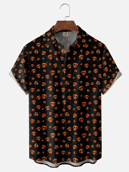 Moisture-wicking Halloween Fun Skull Print Chest Pocket Casual Shirt