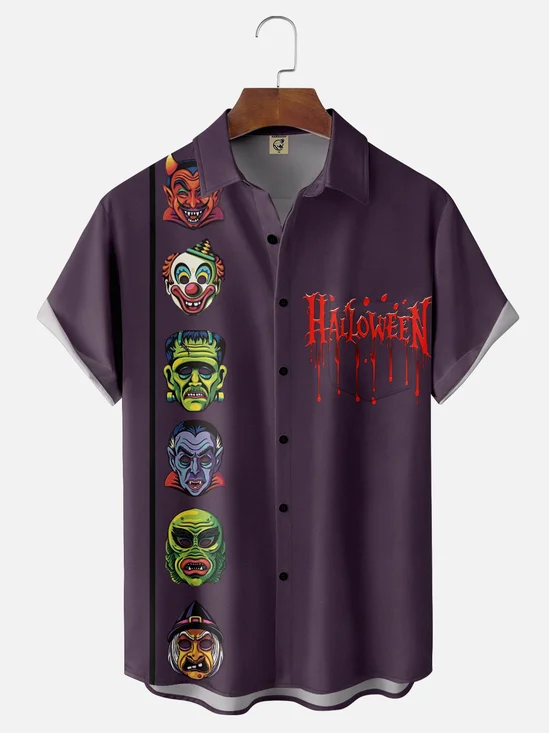 Moisture-wicking Halloween Fun Monster Witch Chest Pocket Bowling Shirt