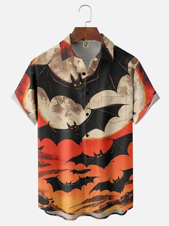 Moisture-wicking Halloween Fun Dark Bat Chest Pocket Casual Shirt