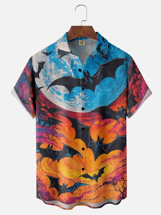 Moisture-wicking Halloween Funny Bat Chest Pocket Casual Shirt