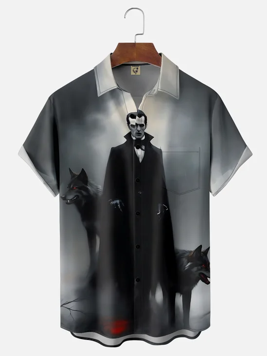 Moisture-wicking Halloween Fun Vampire Count Chest Pocket Casual Shirt