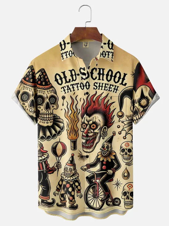 Moisture-wicking Retro Tattoo Skull Pattern Fun Chest Pocket Casual Shirt
