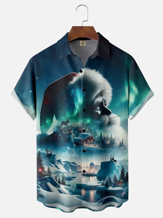 Moisture-wicking Christmas Santa Claus Aurora Snow Chest Pocket Casual Shirt