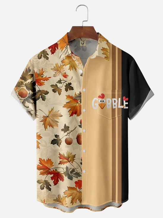 Moisture-wicking Thanksgiving Maple Leaf Fruit Autumn Harvest Chest Pocket Bowling Shirt
