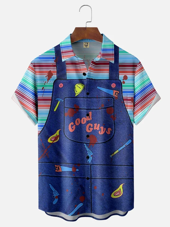 Moisture-wicking Halloween Ghost Doll Fun Print Chest Pocket Casual Shirt