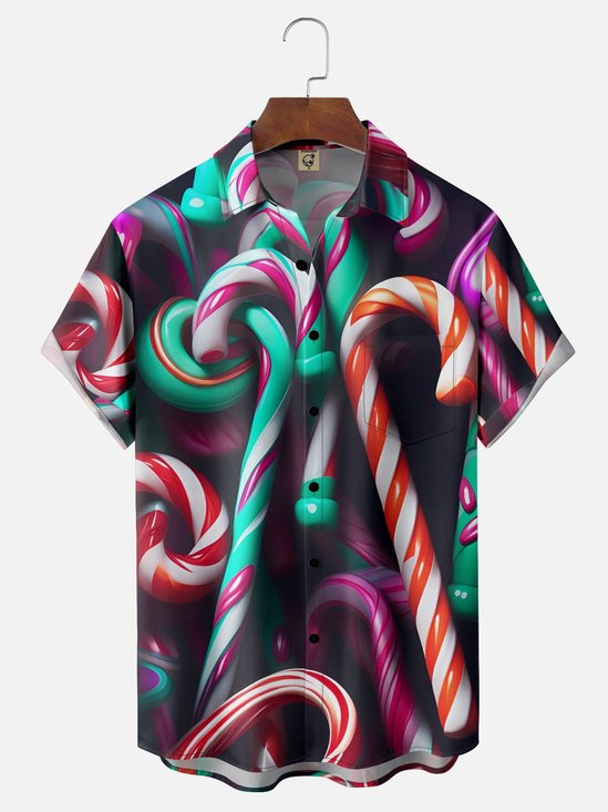 Moisture-wicking Christmas Candy Cane Art Fun Chest Pocket Casual Shirt